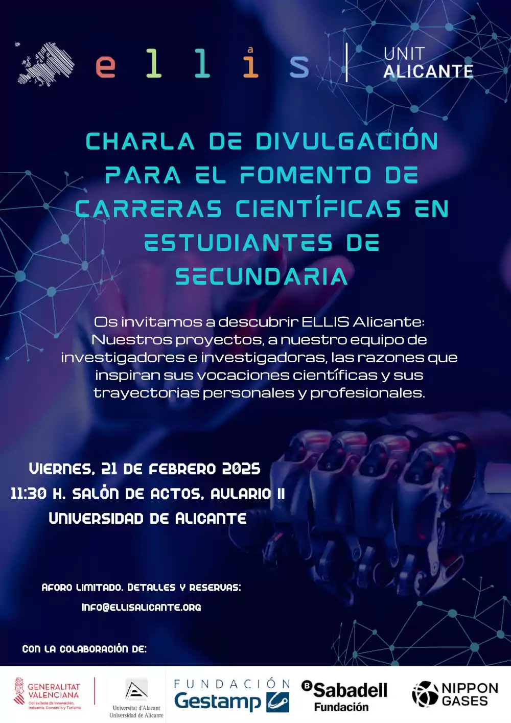 On February 21 at 11:30 a.m. 2025, in the assembly hall of Aulario II at the University of Alicante, ELLIS Alicante held an outreach activity on ethical, responsible, and human-centric Artificial Intelligence (AI) for high school students and teachers in the region.